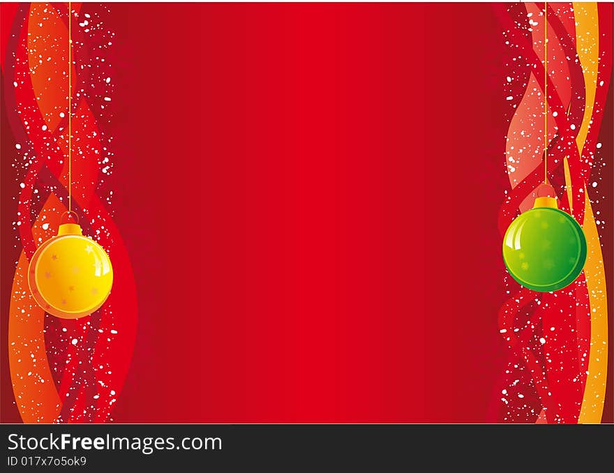 Decorate red christmas background with 2 christmas balls, vector illustration