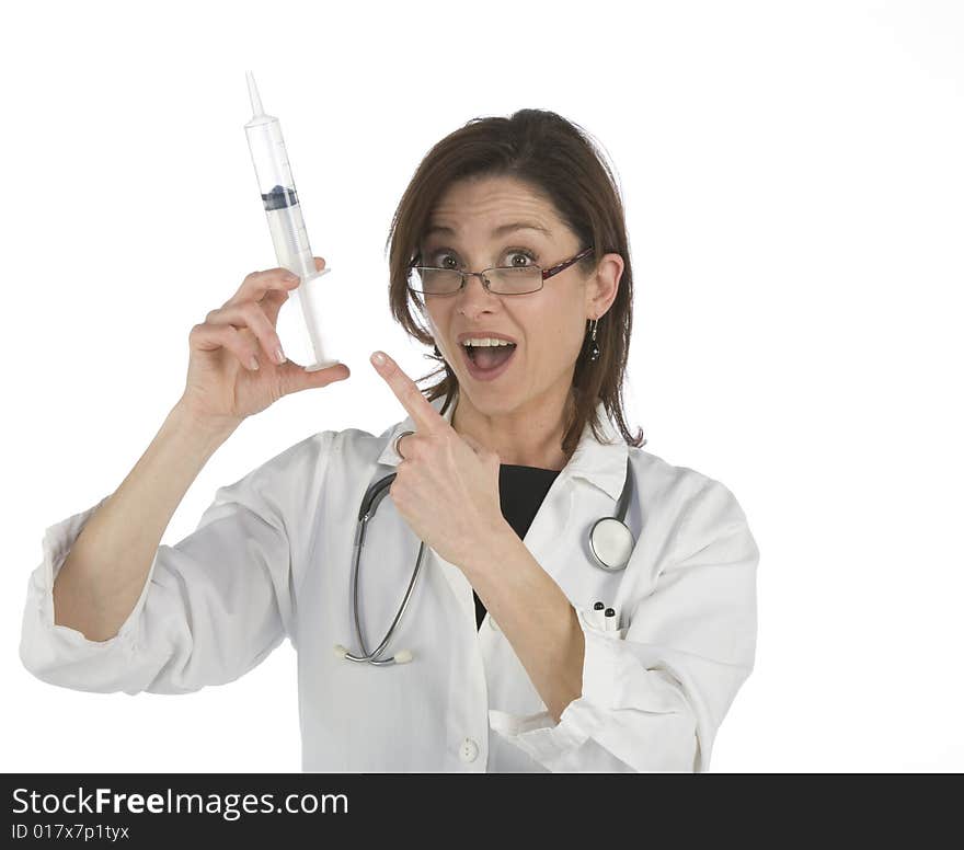 Doctor holding a big syringe and getting ready for injection