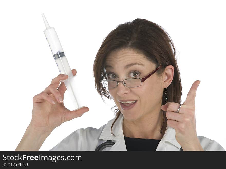 Doctor holding a big syringe and getting ready for injection