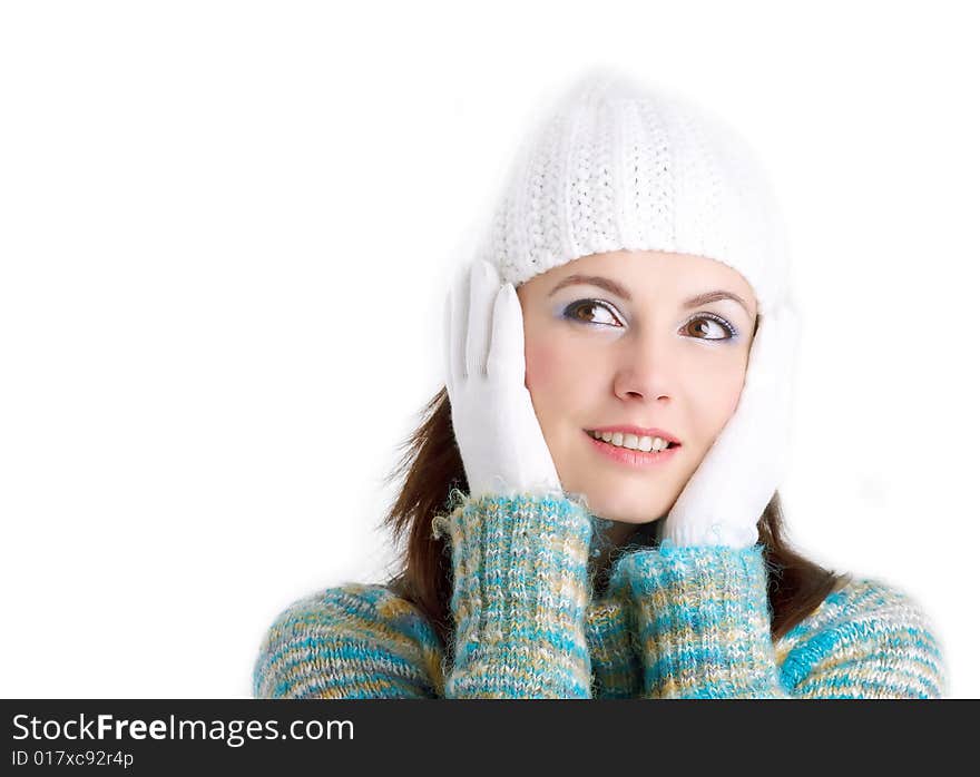 Pretty girl in a winter isolated on withe. Pretty girl in a winter isolated on withe