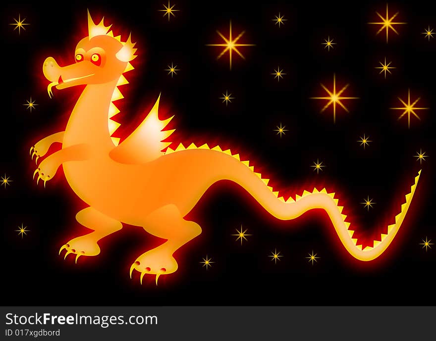 Glowing Dragon in night sky. Illustration.