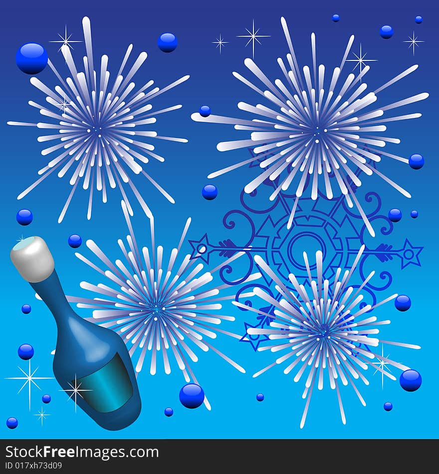 Abstract colorful background with blue bottle of champagne, blue bubbles and fireworks, for the New Year's Day. Abstract colorful background with blue bottle of champagne, blue bubbles and fireworks, for the New Year's Day