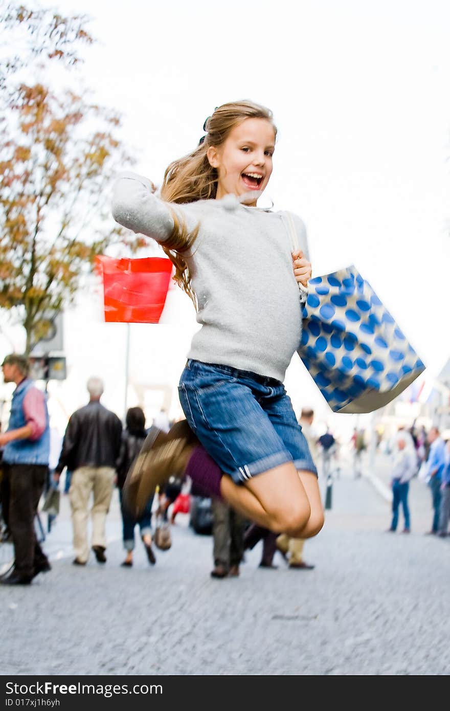 Young Girl Is Jumping On The Streets