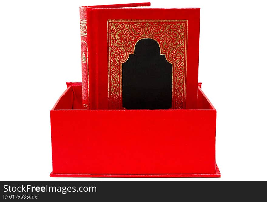 Red Cover Book With Golden Ornament In Red Box.