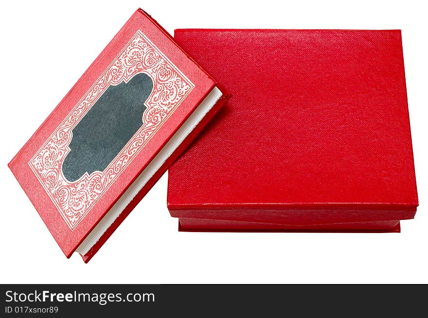 Red Cover Book With Golden Ornament In Red Box.