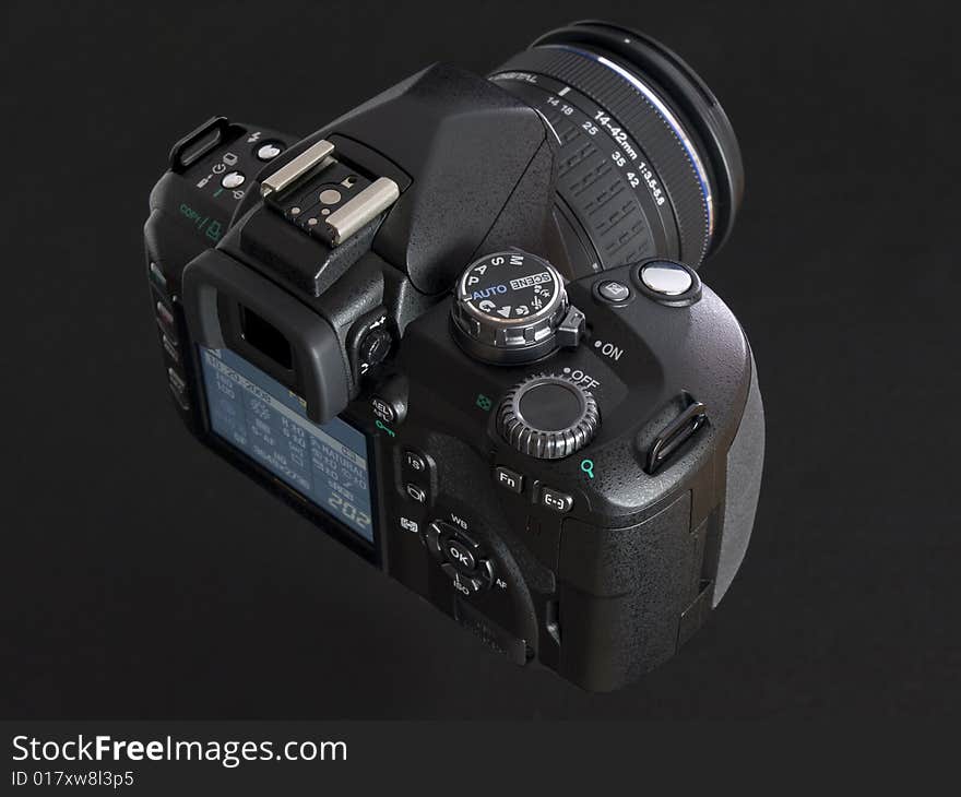 Black DSLR top view with LCD screen. Black DSLR top view with LCD screen