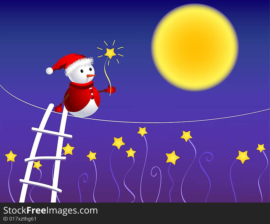 Cute snowman walking in starry sky.