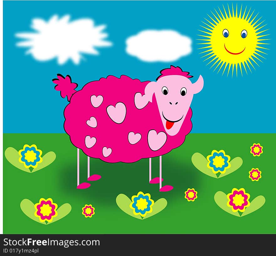 Pink sheep with hearts pattern in summer