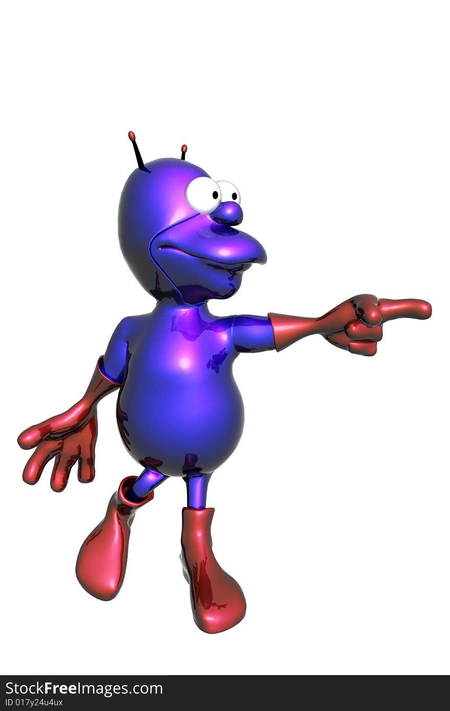 Blue funny alien showing right way. Blue funny alien showing right way.