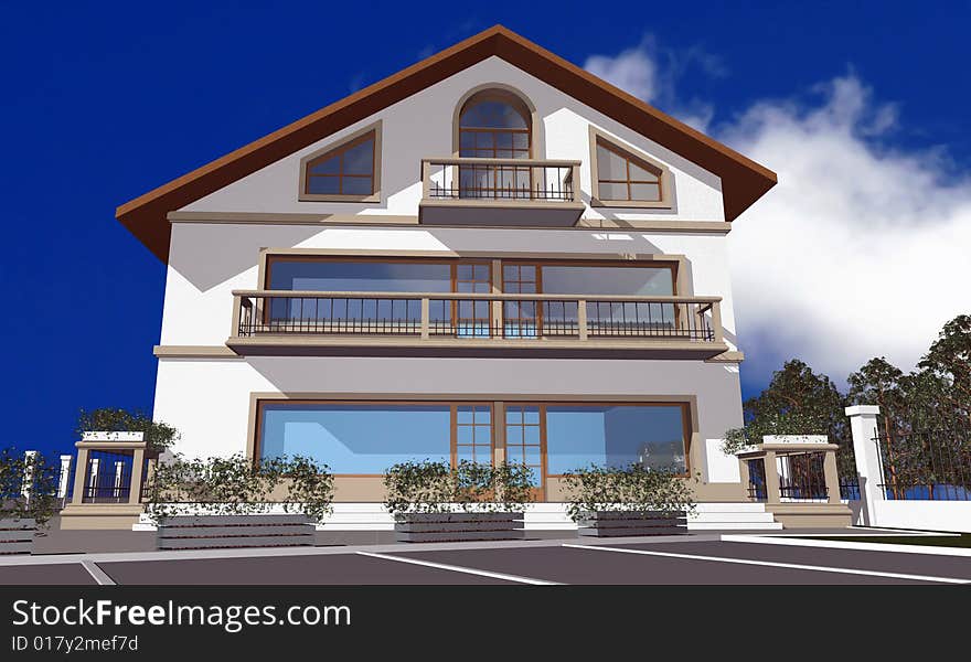 3D render of modern house isolated over blue sky