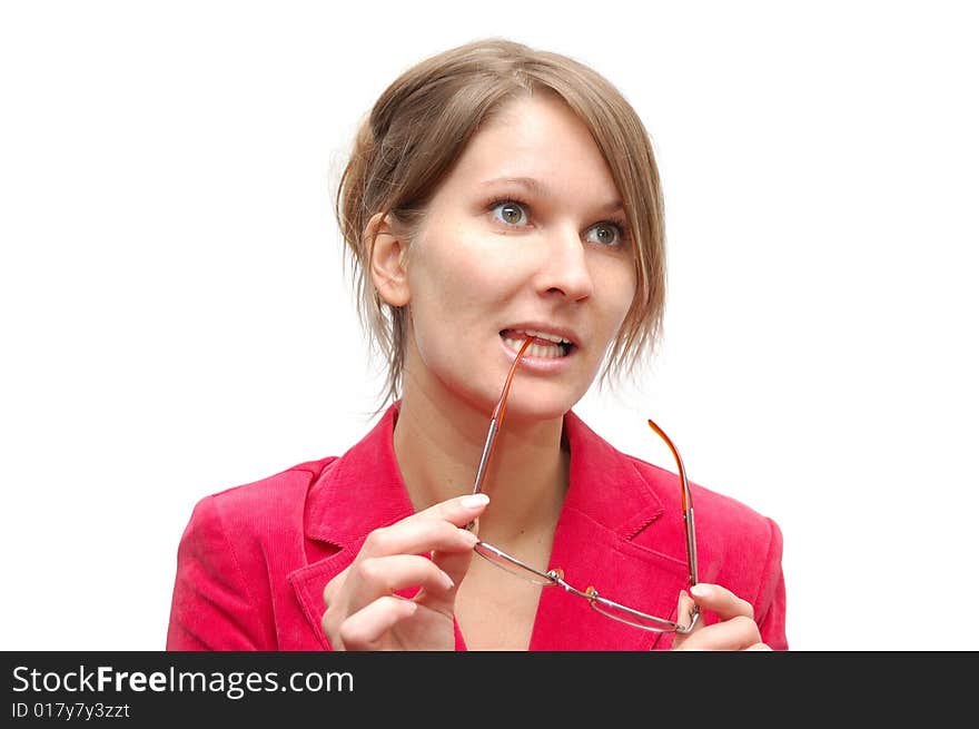 Young Woman In Red With Glasses