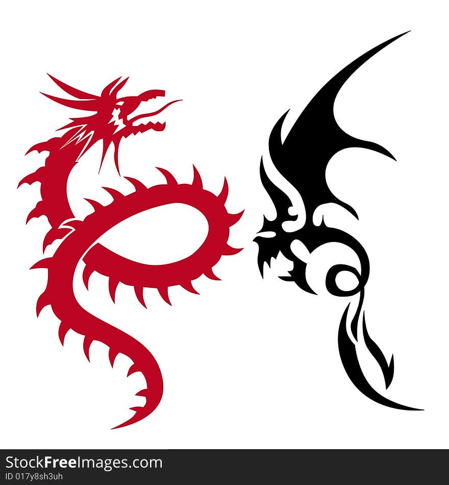 Two dragons china japan red black