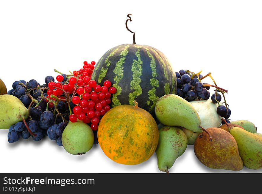 Autumnal fruits: watermelon, melon, grapes, pear and ashberry