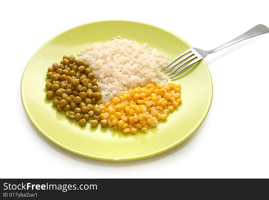 Vegetarian food: rice, green peas and sweet corn