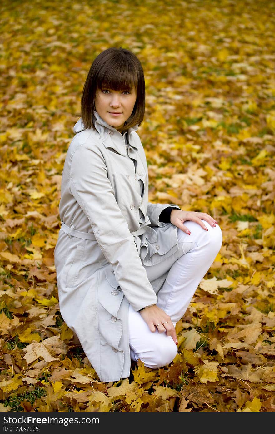 Young woman sits on autumn leaves. Focus on the face. Young woman sits on autumn leaves. Focus on the face.