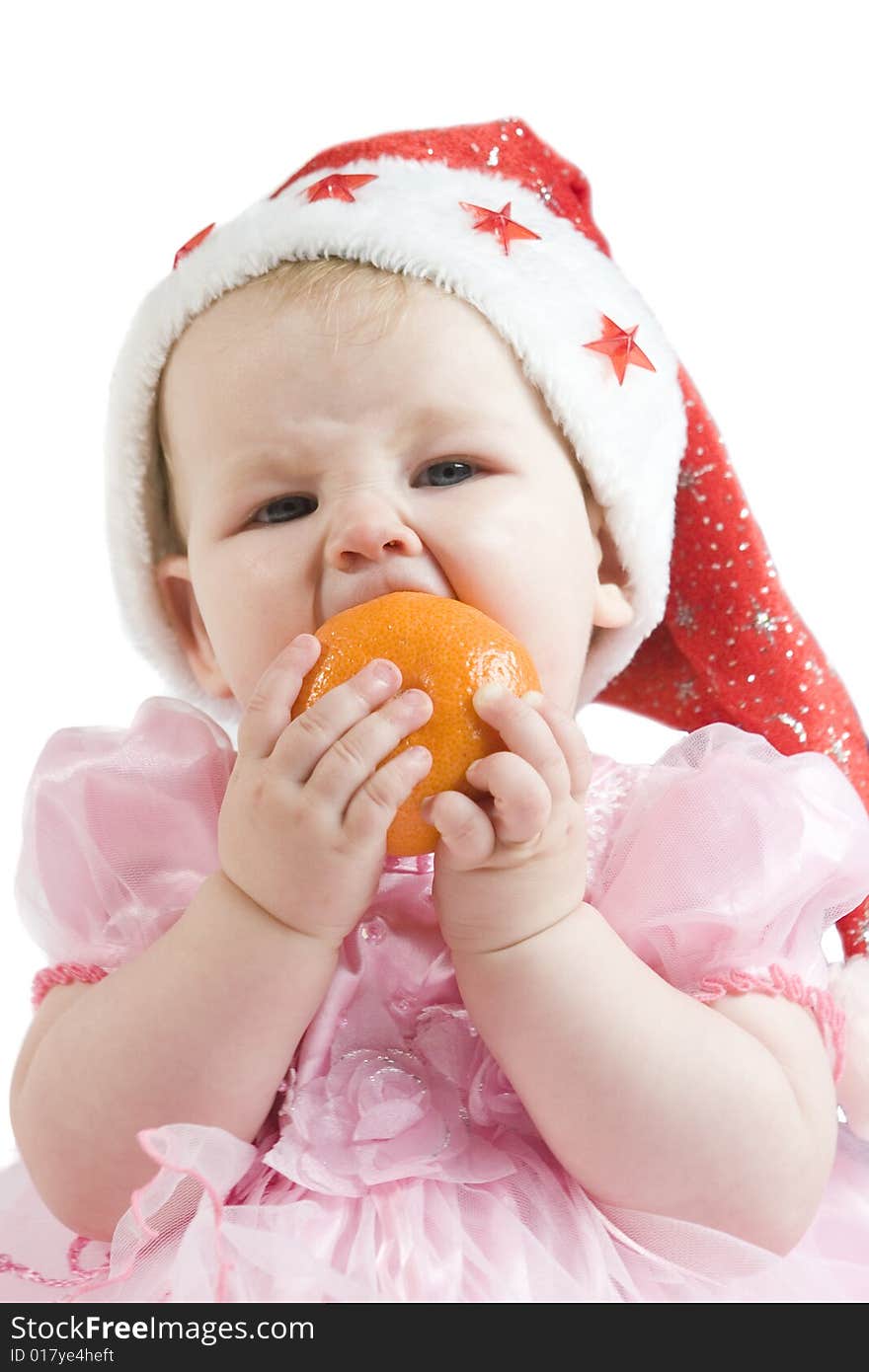 Baby in red hat on white ground. Baby in red hat on white ground