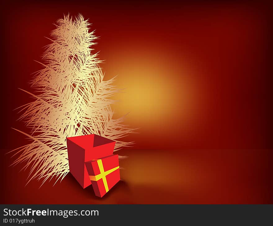 Christmas tree and gift box, vector illustration