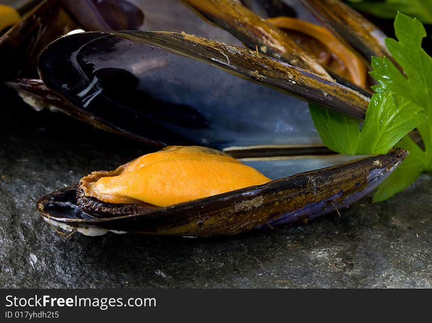 Fresh mussels boiled with parsley on grey stone platter