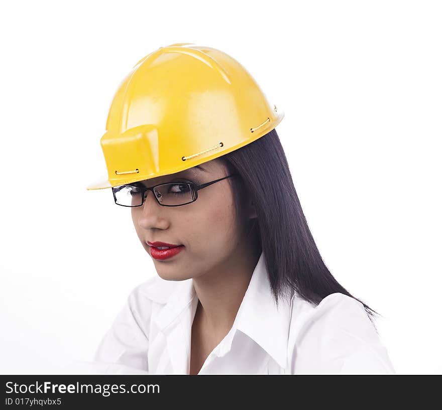 Asian girl with a factory helmet yellow color