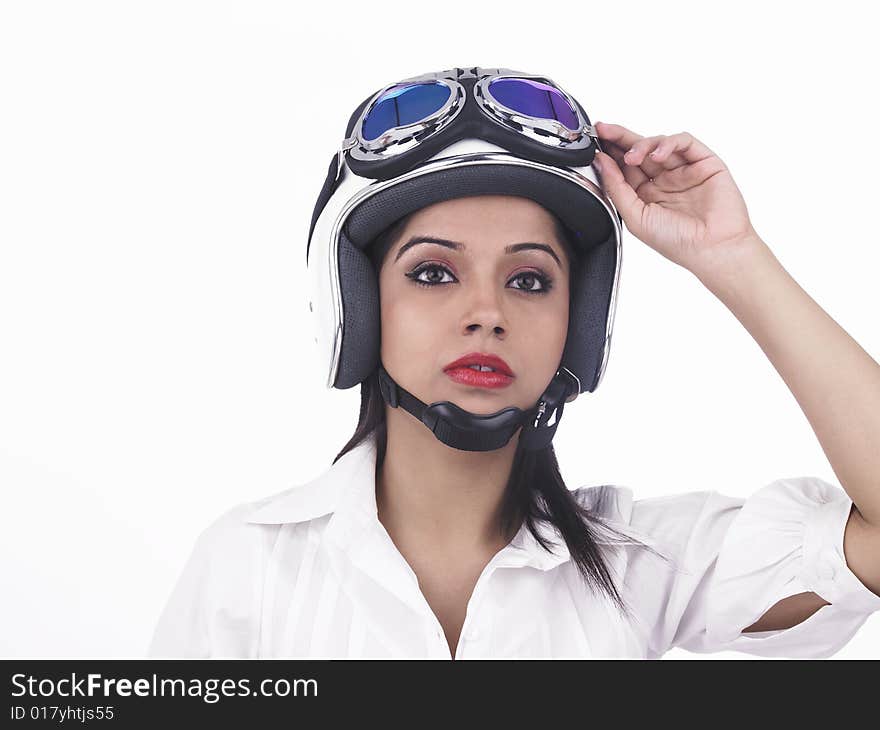 Asian female biker with her helmet