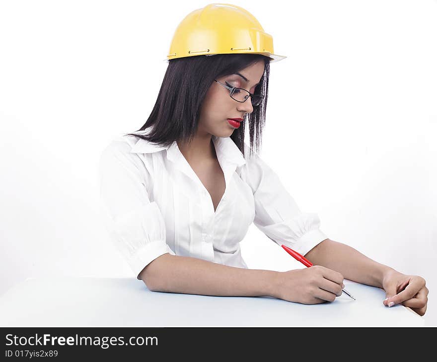 Asian female drafter with a yellow hat