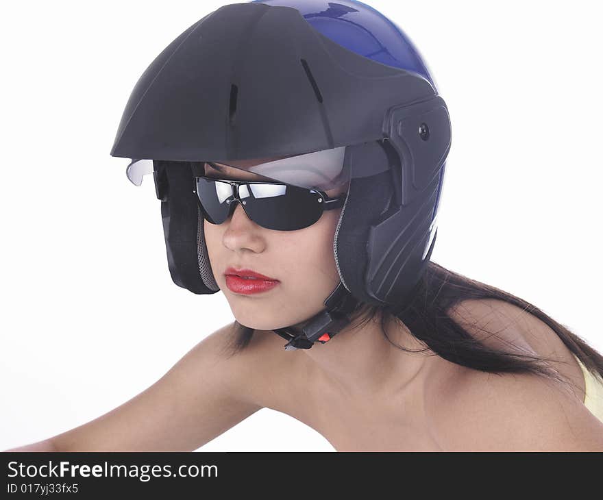 Asian biker girl with a black helmet. Asian biker girl with a black helmet