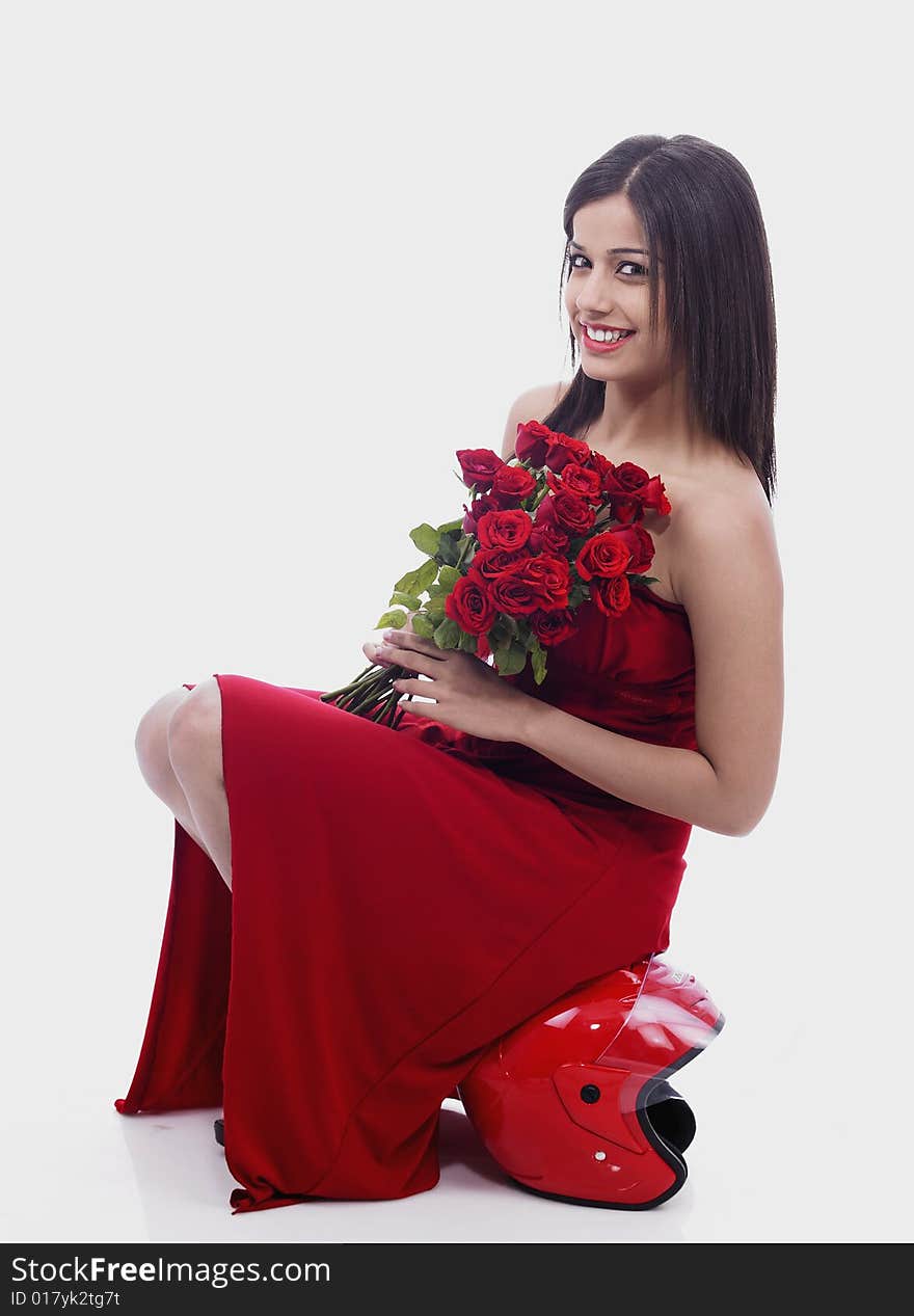 A sexy asian female with a bouquet of roses