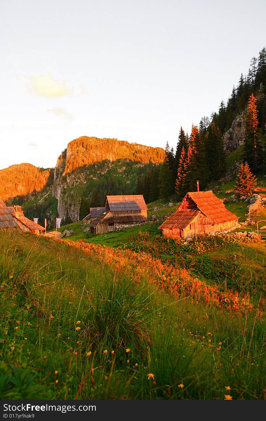 The mountain willage during the sunrise in Julian Alps, Slovenia