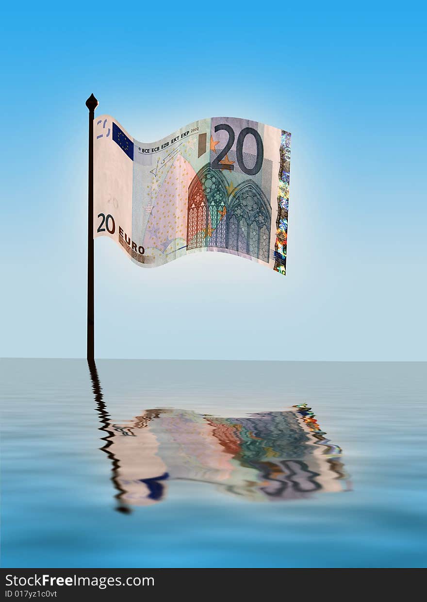 Simulated water effect on Euro note on flag pole. Simulated water effect on Euro note on flag pole