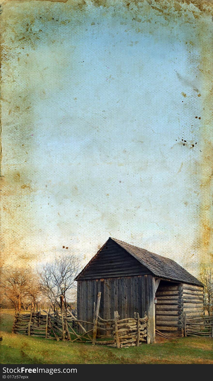 Old shed or cabin on grunge background. Old shed or cabin on grunge background.