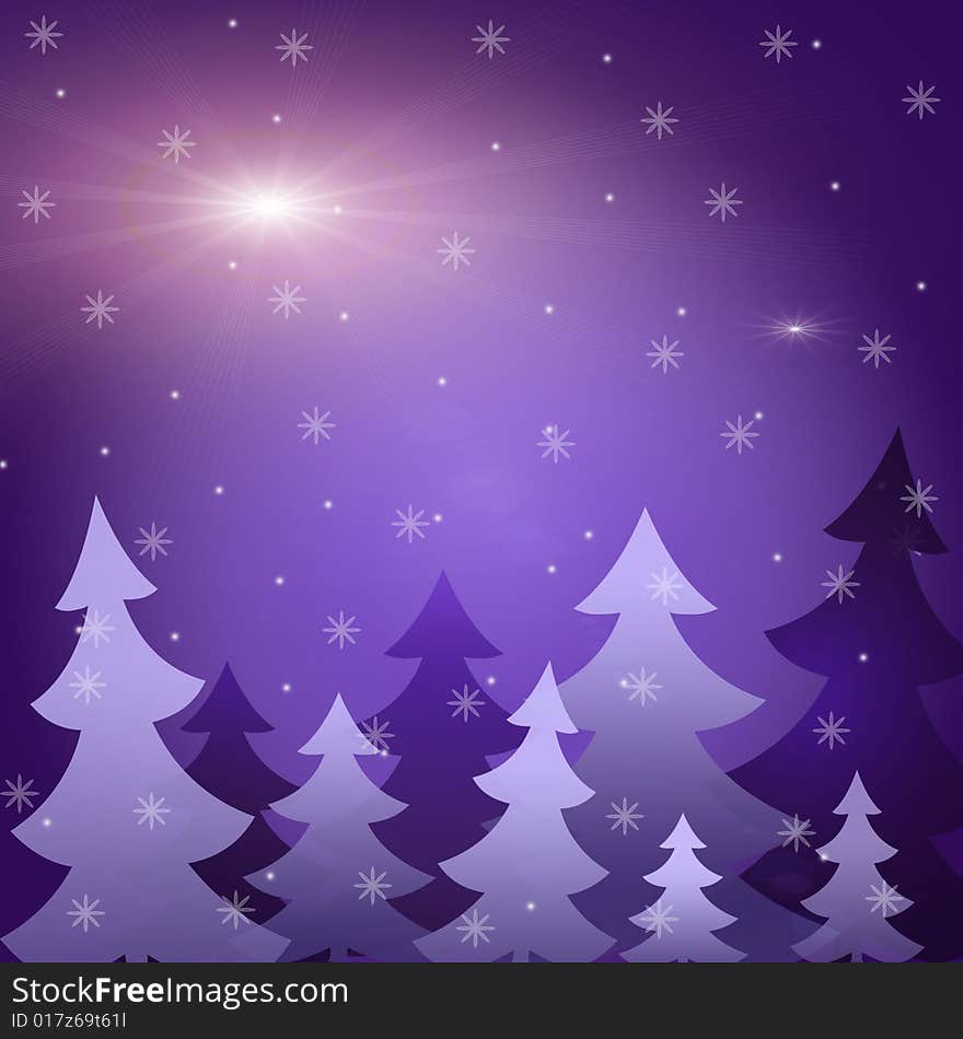 The background showing fur-trees under a snowfall at night.  Light star.