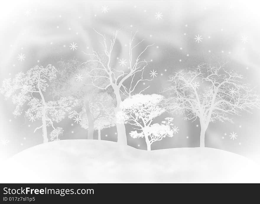 The background showing fur-trees under a snowfall. In white and grey tones