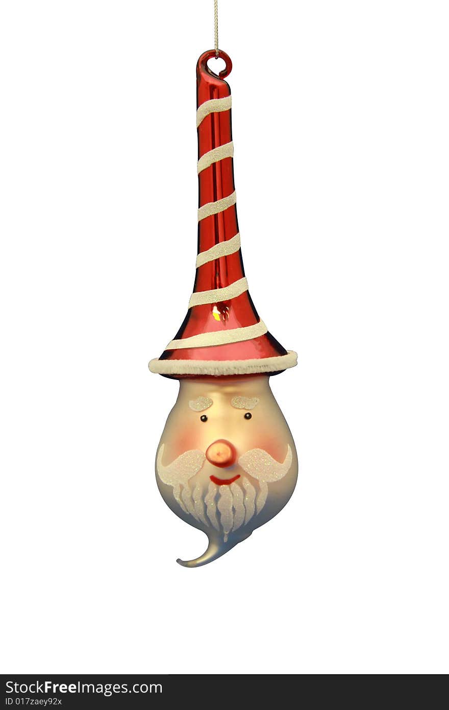 Fun Santa Claus Christmas Ornament with tall red and white hat. Santa has a red nose with rosey cheeks.