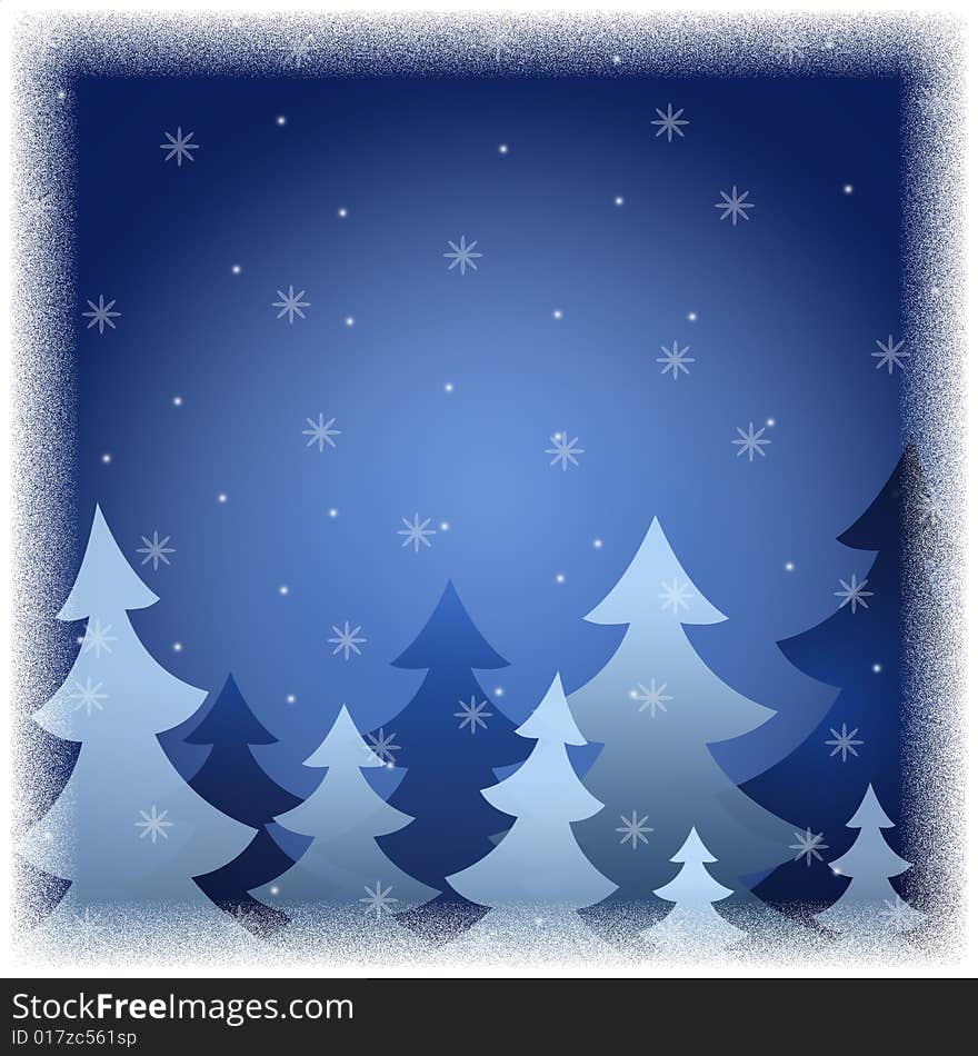 The background showing fur-trees under a snowfall at night. In white and dark blue tones