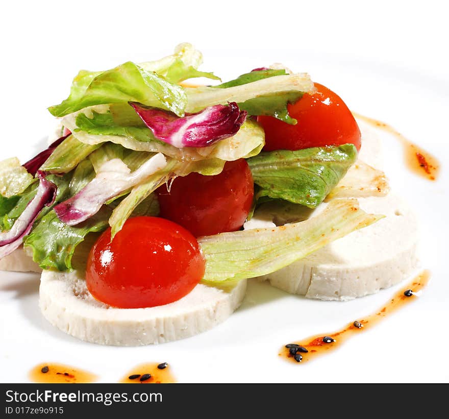 Sliced Breast of Chicken Plate Served with Hot Sauce, Vegetables and Salad Leaves