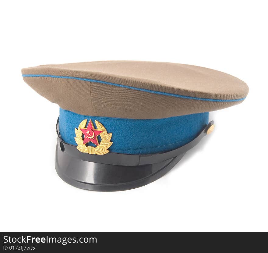 Soldier's cap soldier Russian army an arm of service aircraft white background. Soldier's cap soldier Russian army an arm of service aircraft white background