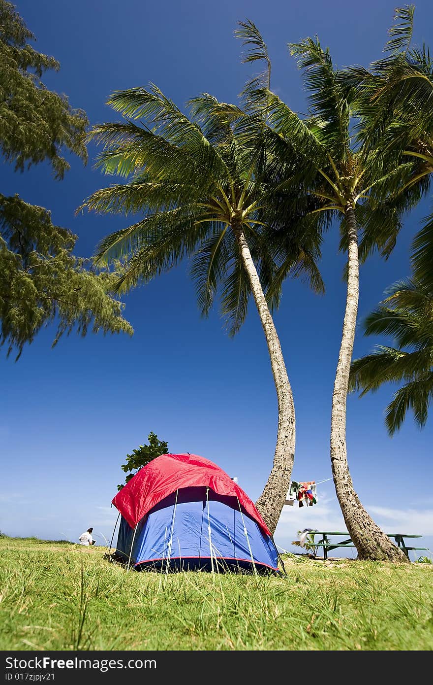 Brigh Blue and red tent with clothes hanging to  dry in Kauai, Hawaii. Brigh Blue and red tent with clothes hanging to  dry in Kauai, Hawaii