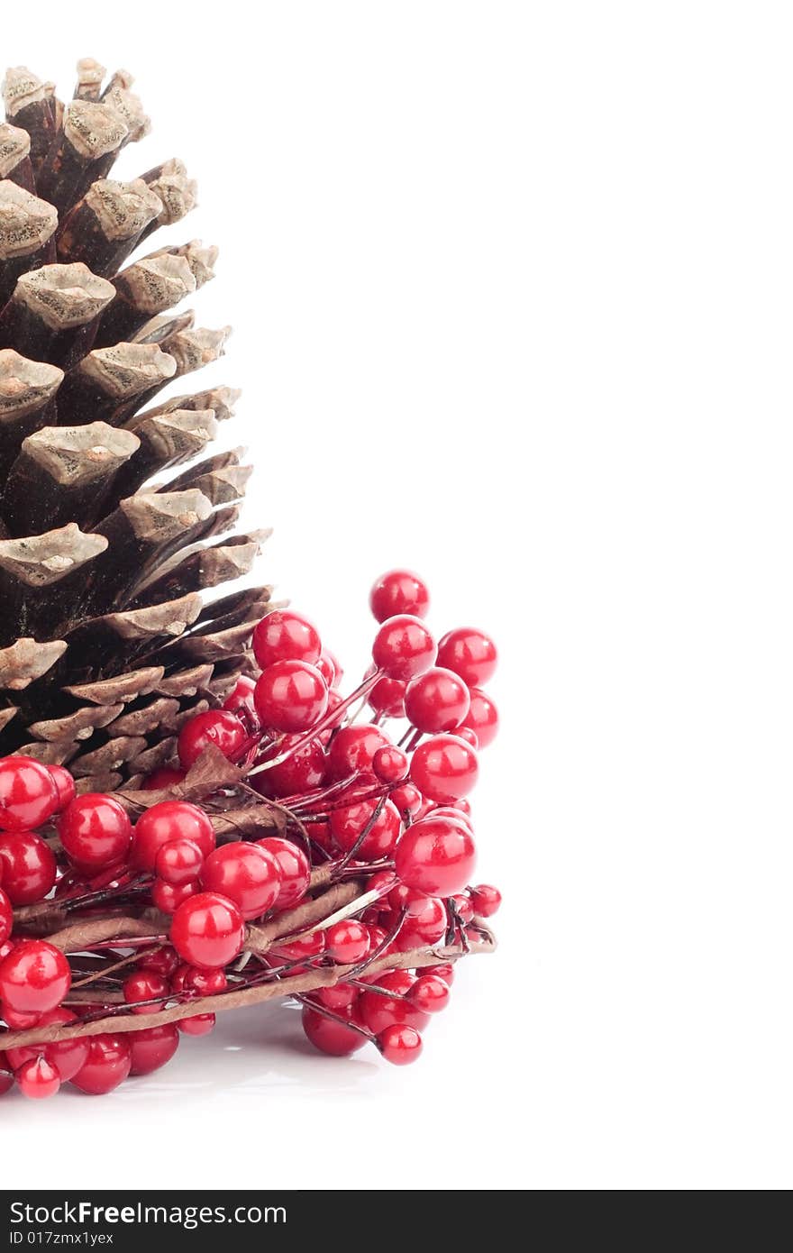 Pine cone and red berries Christmas decorations. Pine cone and red berries Christmas decorations