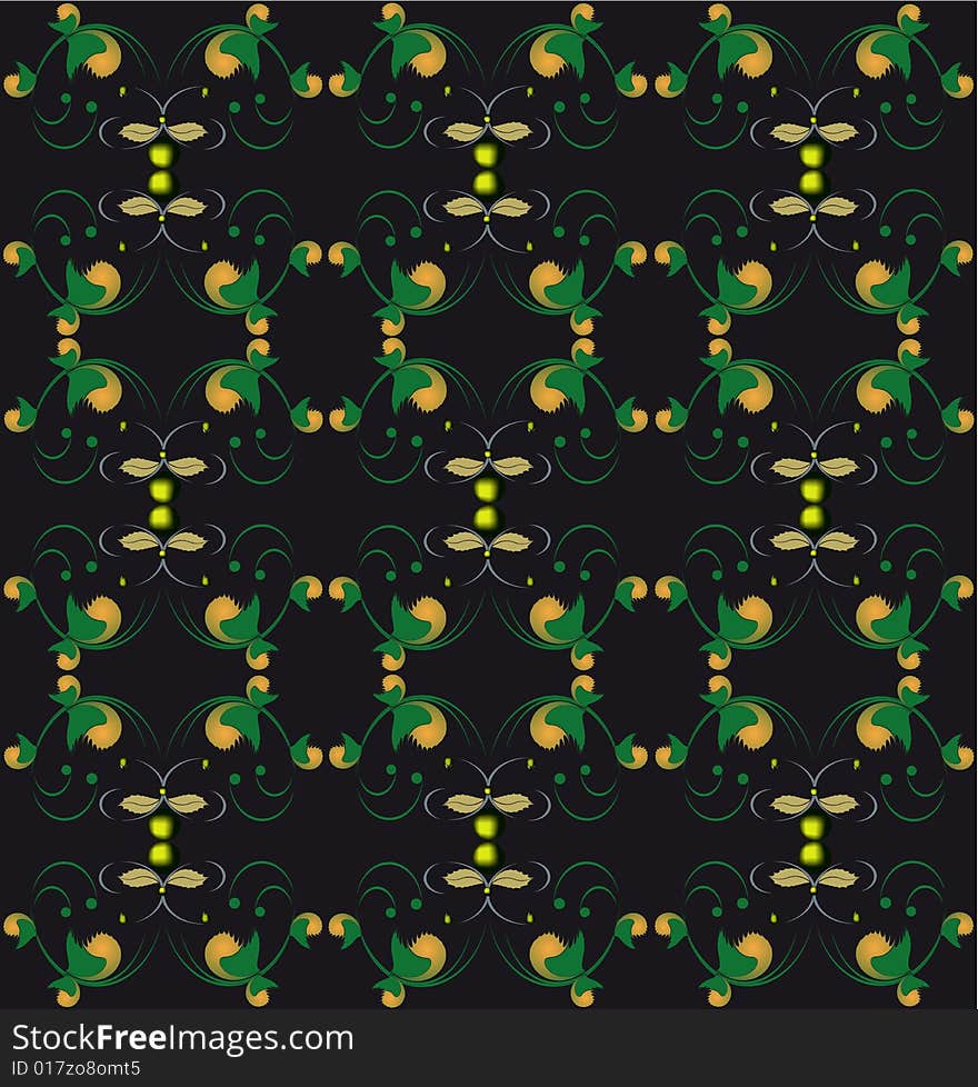 Decorative pattern for wallpapers or fabric. Abstract gold and green figures on a black background. Decorative pattern for wallpapers or fabric. Abstract gold and green figures on a black background.