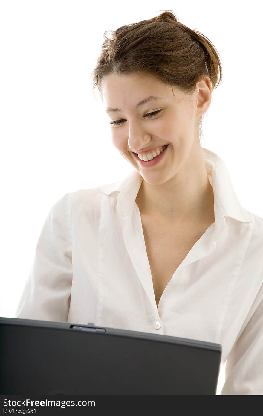 Attractive young woman with laptop on the white. Attractive young woman with laptop on the white