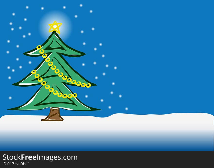 Green christmas tree on blue background.