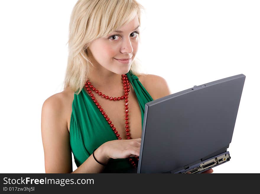 Cute young woman with laptop on the white. Cute young woman with laptop on the white