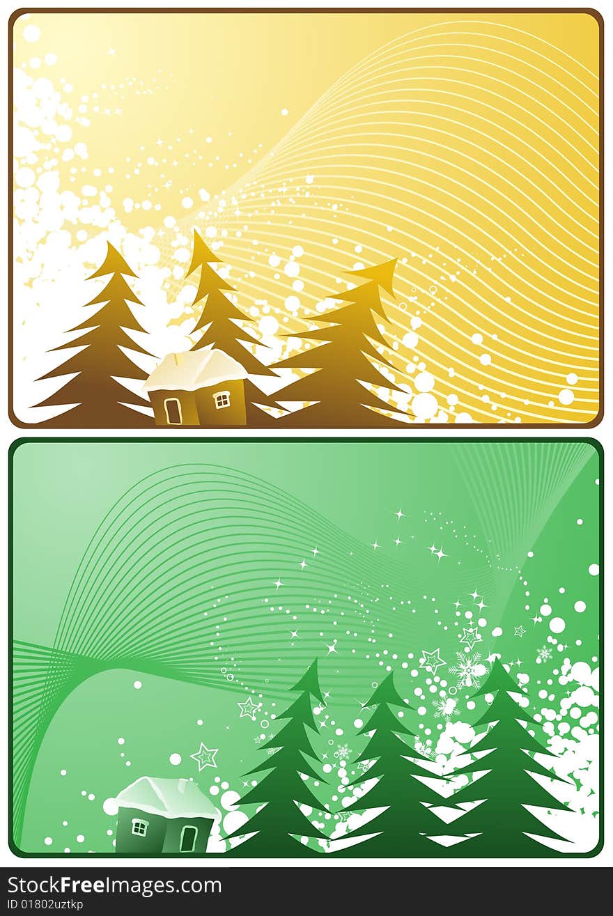 Winter theme cards with pine tree and  house of snow for your message. Winter theme cards with pine tree and  house of snow for your message