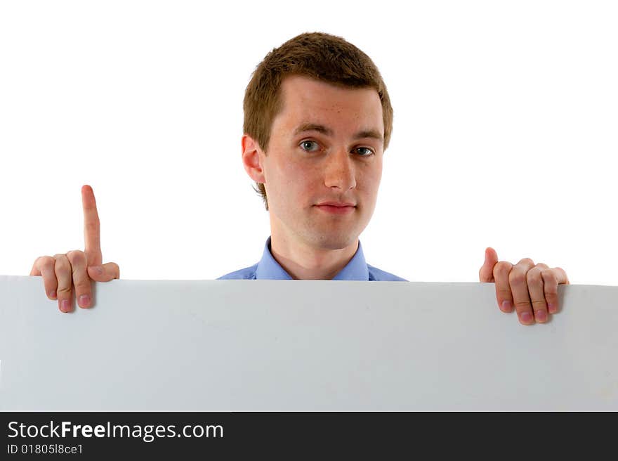 Business Man on blue Shirt holding a billboard. Isolated on white