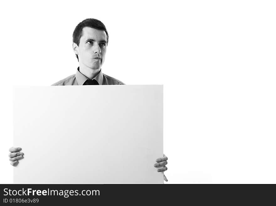 Business Man On Blue Shirt Holding A Billboard.