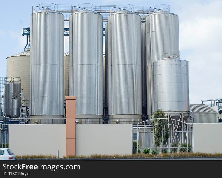 Brewery, Industrial facility exterior,blue sky background