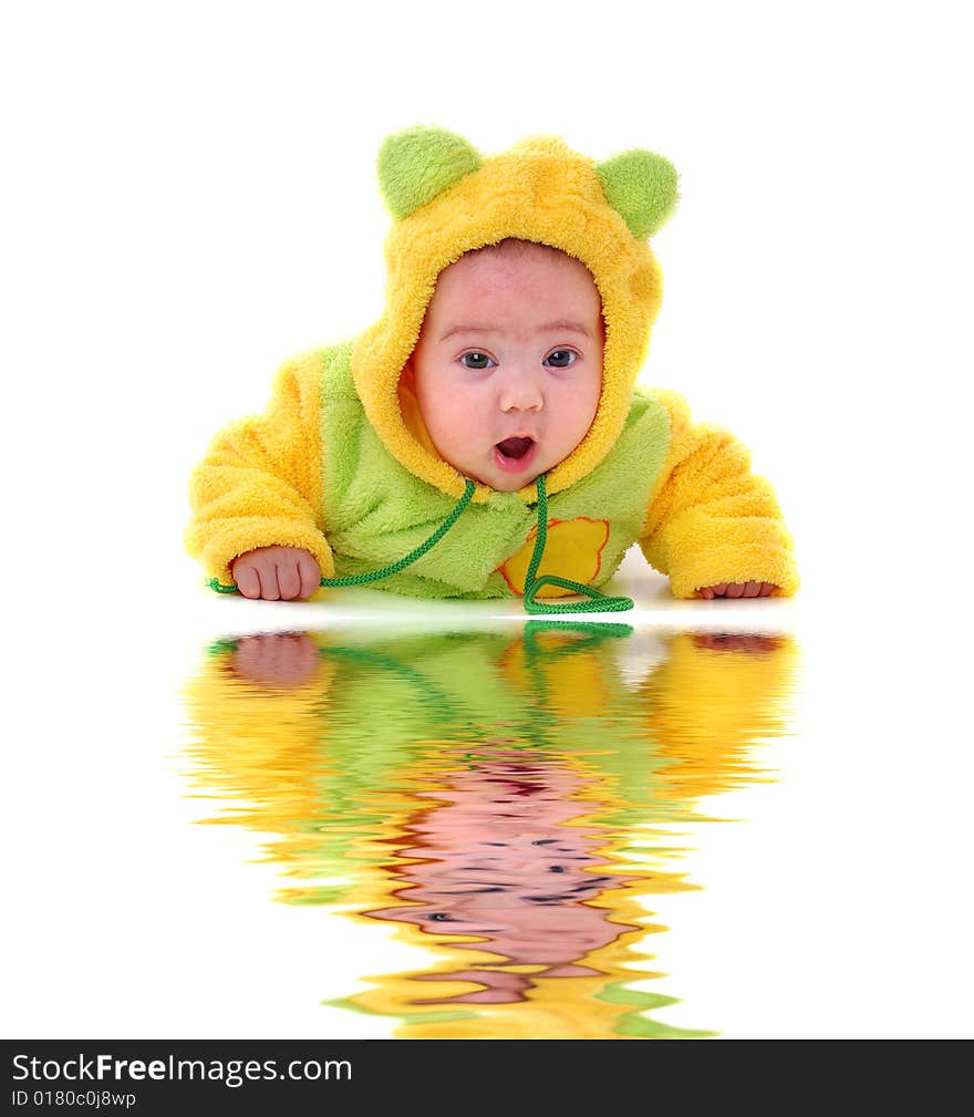 Close-up. Portrait of a crawling toddler, isolated on white. Close-up. Portrait of a crawling toddler, isolated on white