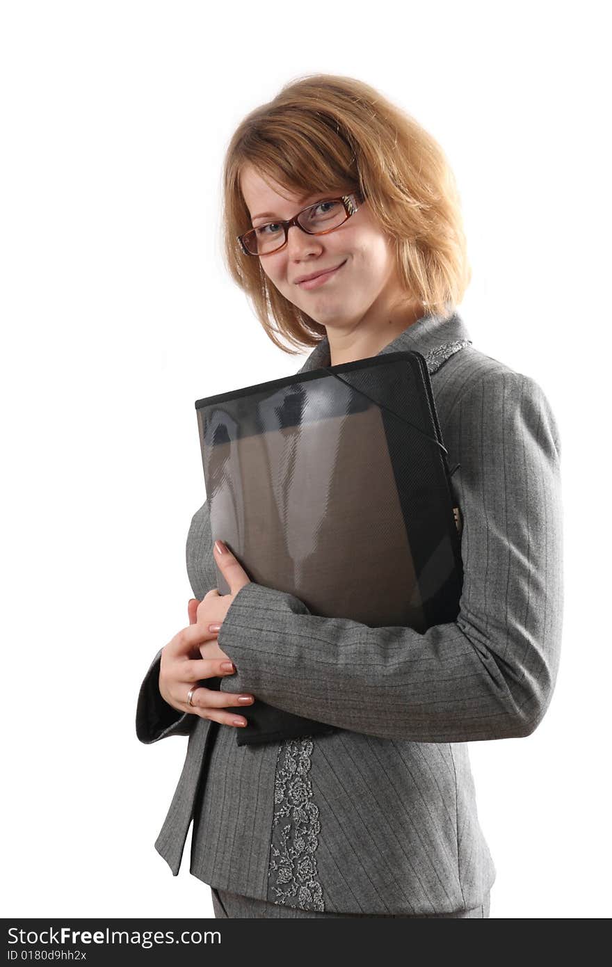 The Young Girl Holds A Folder With Documents