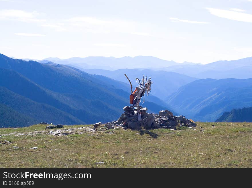 Mountain panorama with fetishes