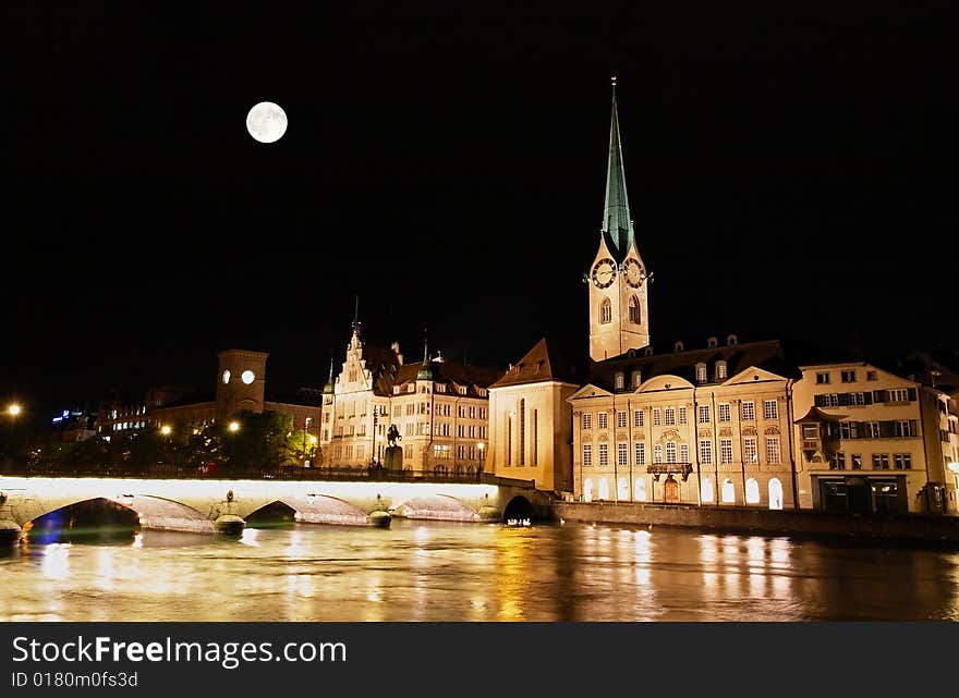 The night view of major landmarks in Zurich